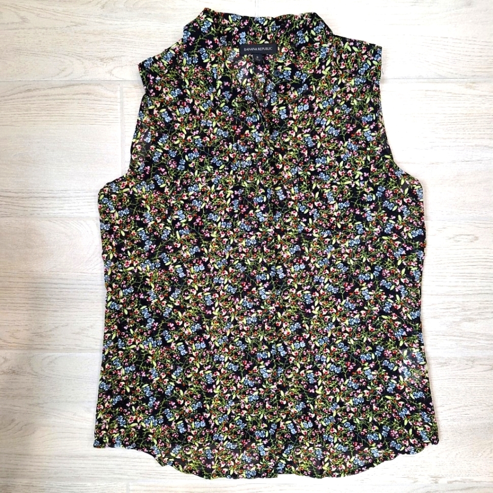 Banana Republic sheer black floral collared sleeveless blouse- size small